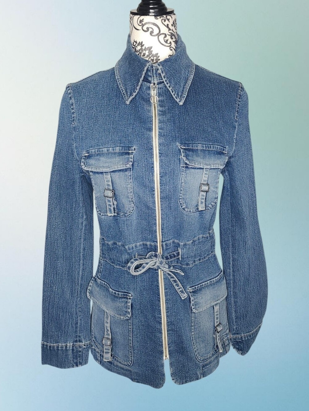 JEAN BASIC Denim Zip Front Jacket with Waist Tie - Medium